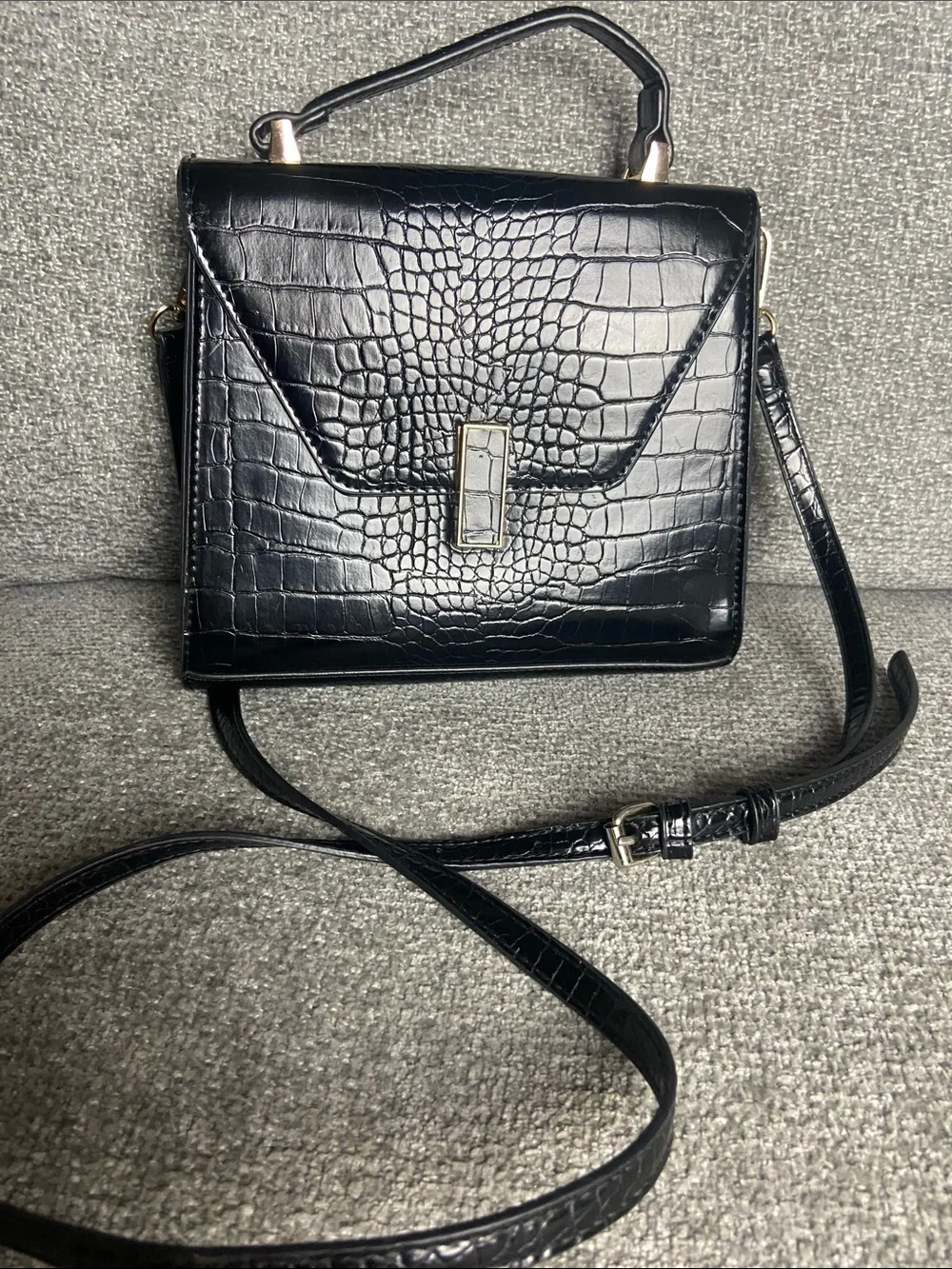 Madison West Black Croc-Embossed Top Handle Satchel with Strap